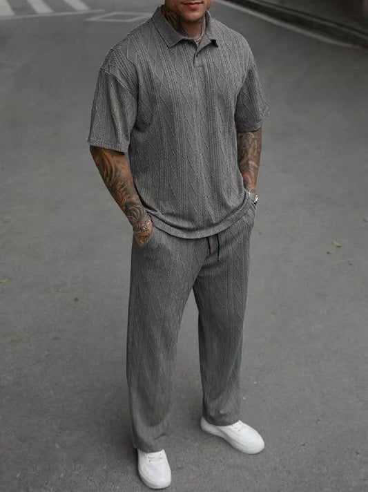 A Summer Men'S Set Featuring a Fashionable Business Casual Vacation Knitted Textured POLO Shirt and Drawstring Trousers